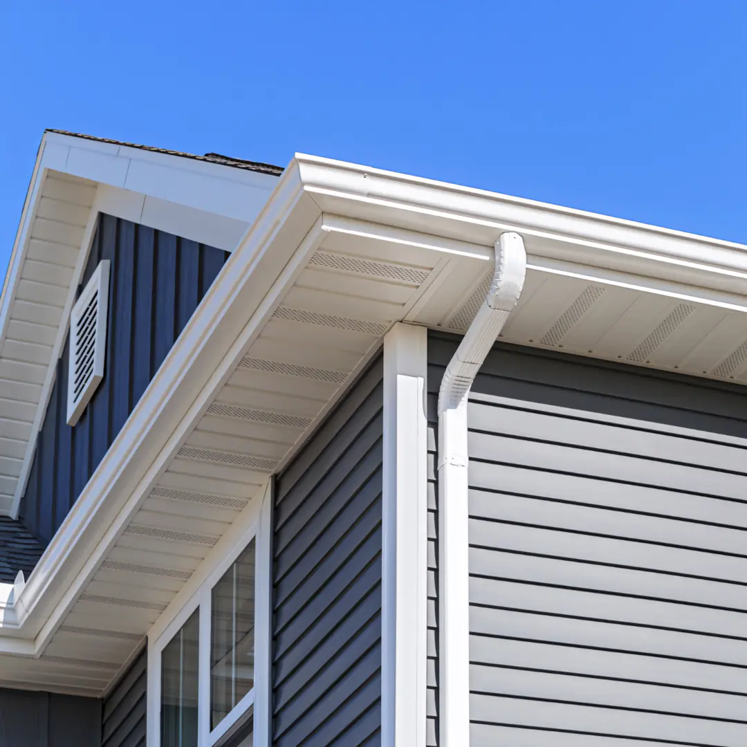 A full color 1080x1080 webp image of soffit and fascia work used to represent CAT Exteriors' soffit and fascia service.