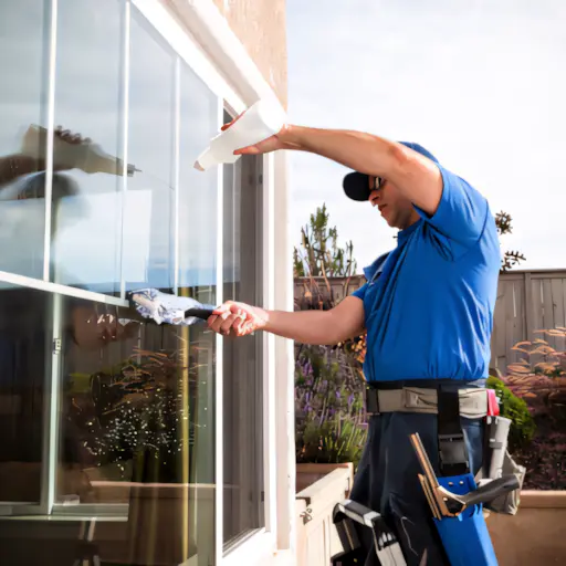 A full color 512x512 webp image of a CAT Exteriors window installer placing a window.