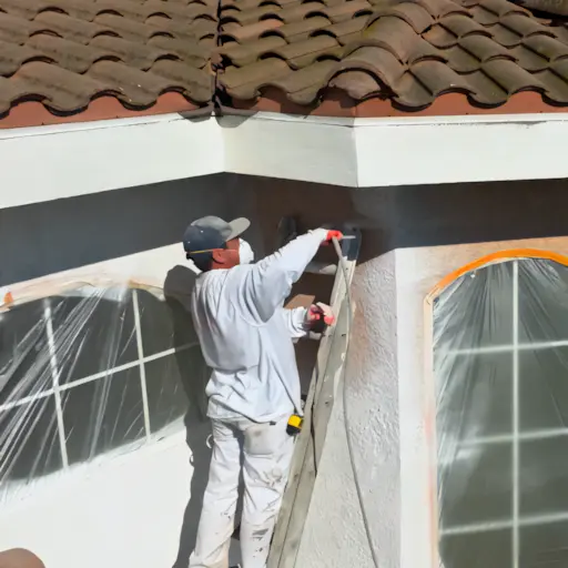 A full color 512x512 webp image of a coating specialist from CAT Exteriors applying coating to a home's exterior.