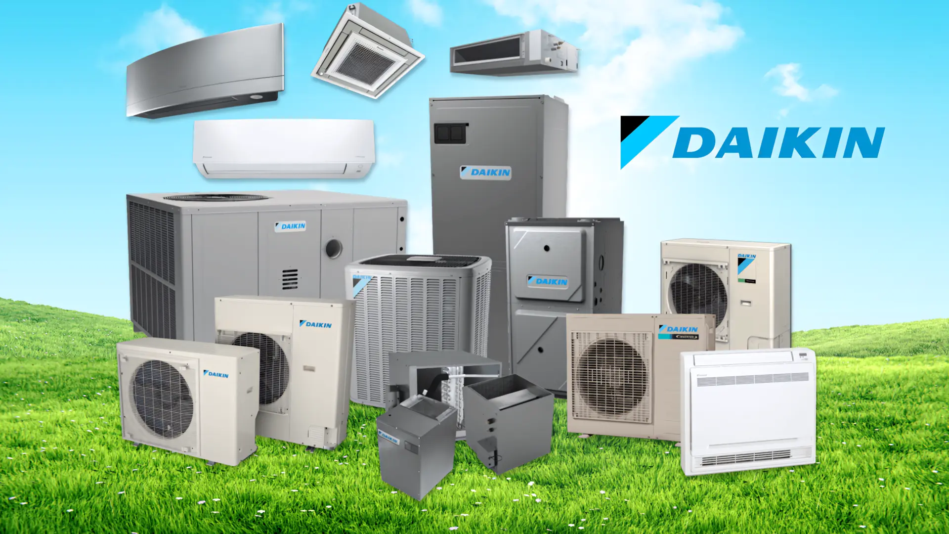 A full color 1920x1080 webp image of CAT Exteriors HVAC product catalog showcasing various units.
