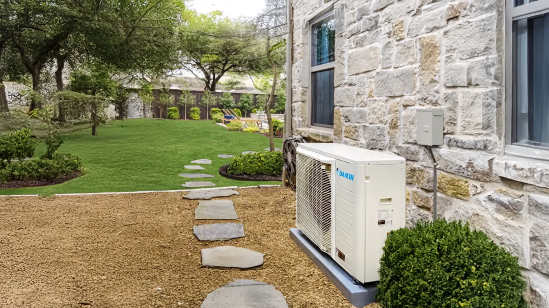 A full color 1920x1080 webp image of CAT Exteriors HVAC unit mounted on a home exterior.