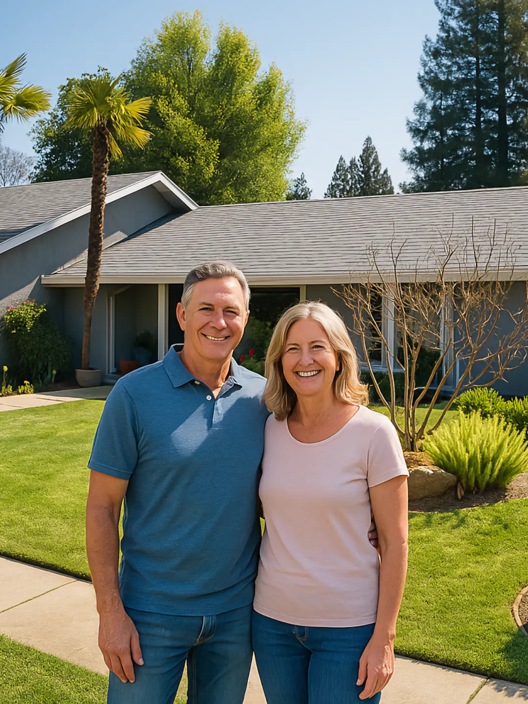 A full color 1080x1440 webp image of a client standing in front of their home with a new shingle roof installed by CAT Exteriors.