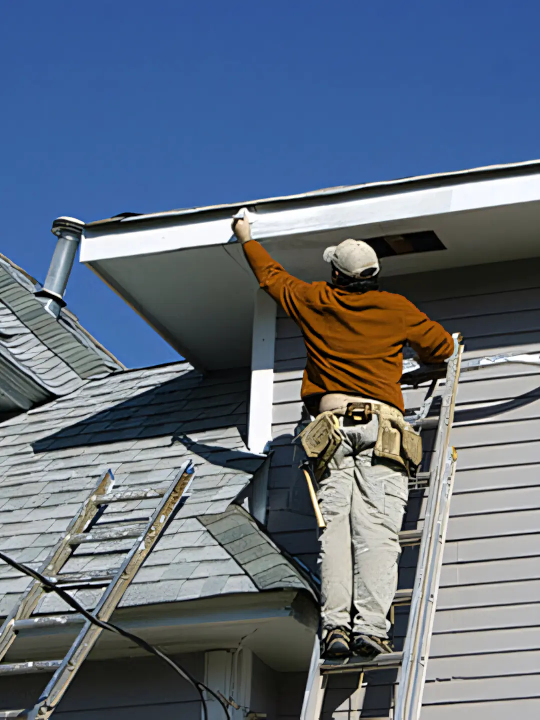 A full color 1080x1440 webp image of a roofer working on soffit and fascia at a client's home.