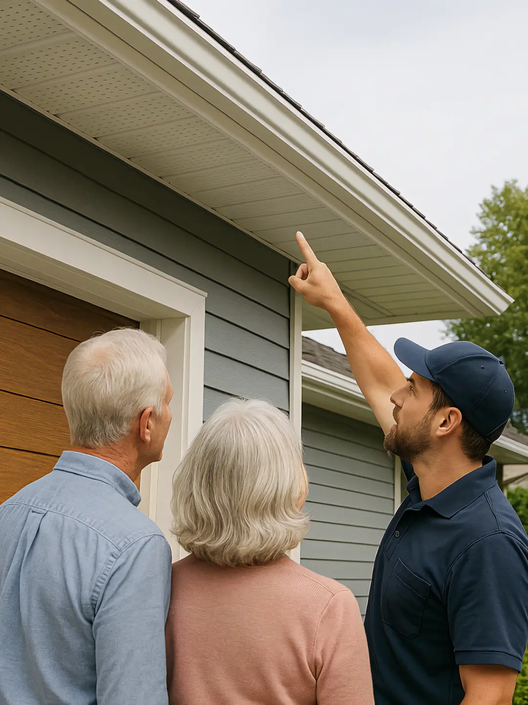 A full color 1080x1440 webp image of a roofer showing a client their new soffit and fascia installed by CAT Exteriors.