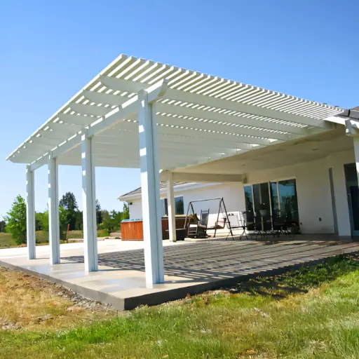 A full color 512x512 webp image representing a completed CAT Exteriors lattice patio cover.