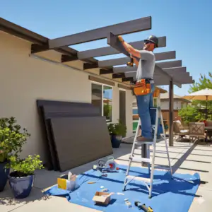 A full color 300x300 webp image of a CAT Exteriors contractor installing a new patio cover.