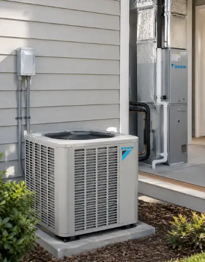A full color 400x512 webp image of CAT Exteriors HVAC Split System Residential Installation.